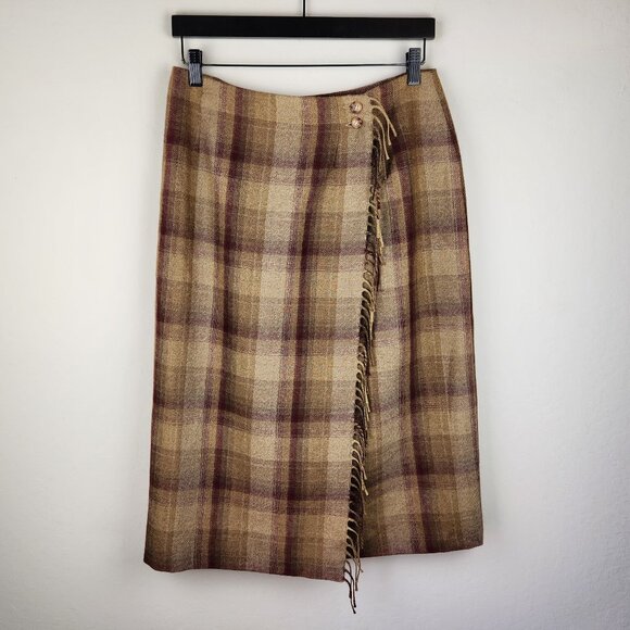 Vintage Talbots Wool Plaid Fringe Faux Wrap Midi Skirt sz 8 - Picture 1 of 8